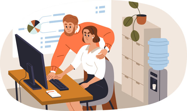 Sexual harassment, work abuse, sex discrimination, assault concept. Man boss harassing, hugging woman employee, office worker at workplace. Flat vector illustration isolated on white background.