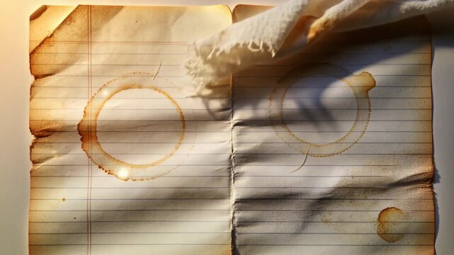Sliding fringe scarf entering right, crossing lined page on table, showing coffee rings