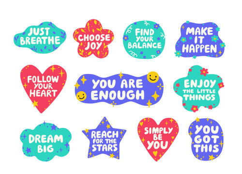 Motivational inspiring quotes set. Positive affirmation, inspirational typography with hand drawn lettering, cute elements, stars and hearts. Flat vector illustration style for mental health.
