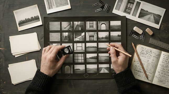 Overhead view of hands reviewing a photographic contact sheet with a magnifying glass and pencil at a dark wooden desk with vintage prints, notebook, and paper clips