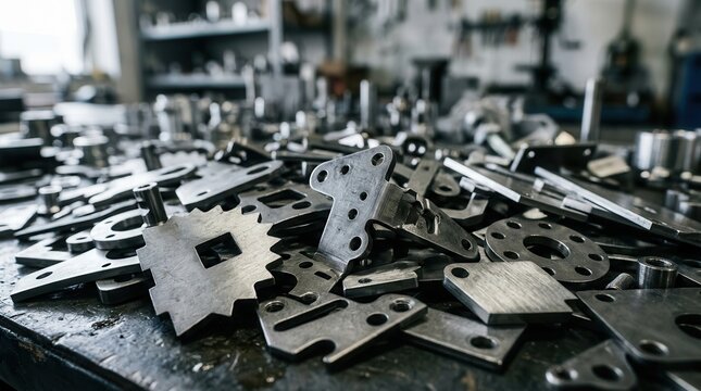 A collection of irregular metal pieces with holes and various mounting points.