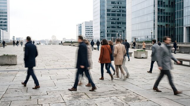 Crowd of business commuters walking across urban financial plaza