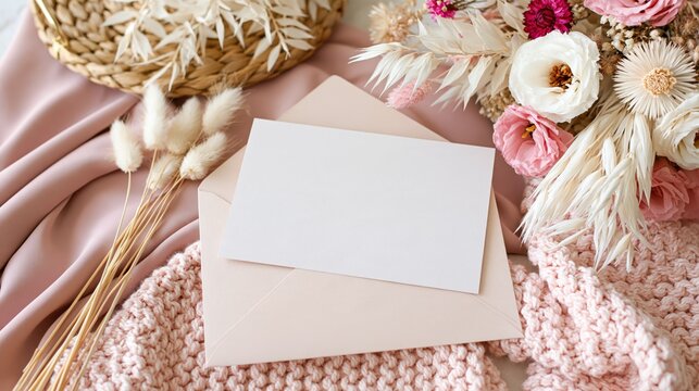 Blank greeting card and envelope resting among delicate dried floral arrangements and soft textiles.