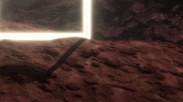 Bright rectangular frame stands upright on rocky ground casting long shadow across surface of alien landscape