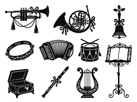 Musical Instruments Christmas Silhouette Vector Icon Collection