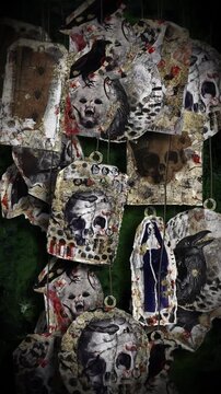 An animated Halloween background featuring hanging elements in a paper-collage style. Each one gently sways on a loop and features spooky ephemera details including creepy skulls, spiders, snakes, eer