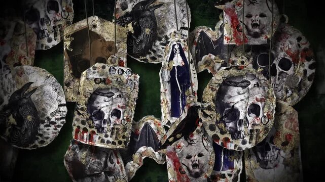 An animated Halloween background featuring hanging elements in a paper-collage style. Each one gently sways on a loop and features spooky ephemera details including creepy skulls, spiders, snakes, eer
