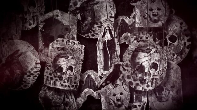 An animated Halloween background featuring hanging elements in a paper-collage style. Each one gently sways on a loop and features spooky ephemera details including creepy skulls, spiders, snakes, eer
