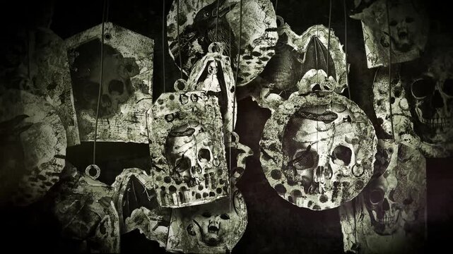 An animated Halloween background featuring hanging elements in a paper-collage style. Each one gently sways on a loop and features spooky ephemera details including creepy skulls, spiders, snakes, eer
