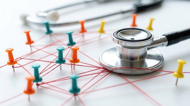 Medical referral system concept featuring a stethoscope and interconnected colorful pins on a white surface.