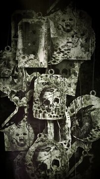 An animated Halloween background featuring hanging elements in a paper-collage style. Each one gently sways on a loop and features spooky ephemera details including creepy skulls, spiders, snakes, eer