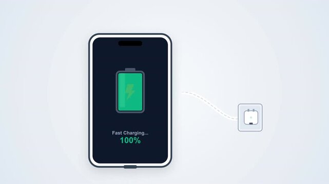 Smart phone connected to a wall outlet via a flexible cable receiving full electrical power replenishment representing fast battery charging technology for daily communication devices everywhere
