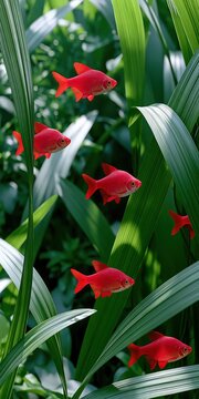 Several small red fish swim among lush green aquatic plants.