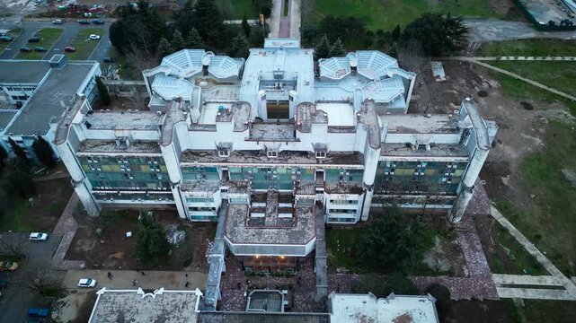 Top down aerial view of Technical Faculties building of University of Montenegro, brutalist structuralist architecture in Podgorica