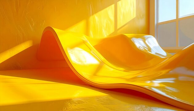 Bright Sunlit Indoor Scene with Creative Yellow Art Installation and Large Window