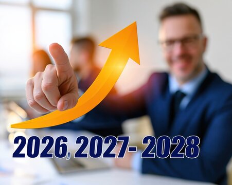 Businessman points to an upward trending arrow with future dates indicating growth.