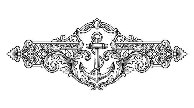 Vintage Anchor Emblem with Victorian Ornate Floral Decorative Border
