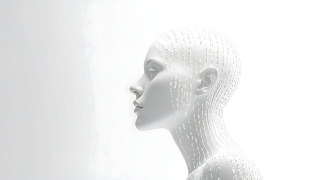 Minimalist human face sculpture merging with white digital binary code numbers