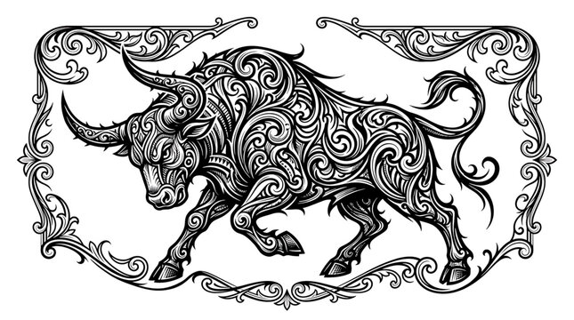Bull Illustration Ornamented with Detailed Swirls and Floral Filigree