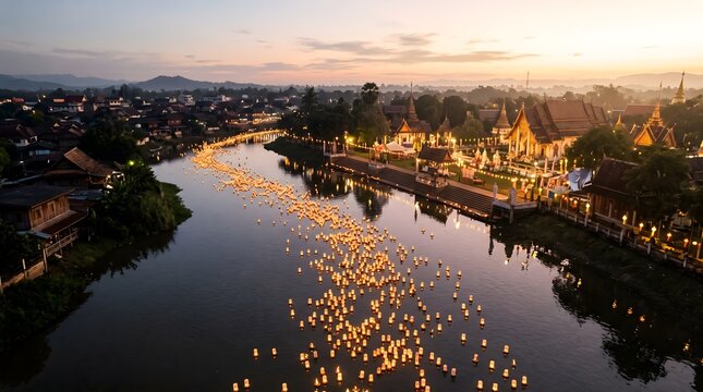 Floating lanterns illuminate Nan River during Loi Krathong festival at dusk in Thailand