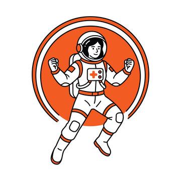 Stylized vector illustration of a female astronaut in a white and orange spacesuit floating with raised fists against an orange circular background, isolated on a white background.