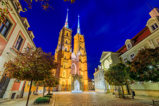 Wroclaw, Poland. Cathedral of St. John the Baptist in Ostrow Tumski at night.