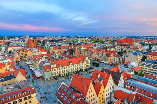 Wroclaw, Poland.. Aerial view of the old town and market square.