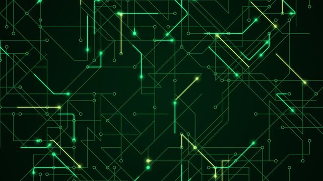 Digital circuit board with glowing green and yellow lines and nodes on a dark background, representing data flow and technology