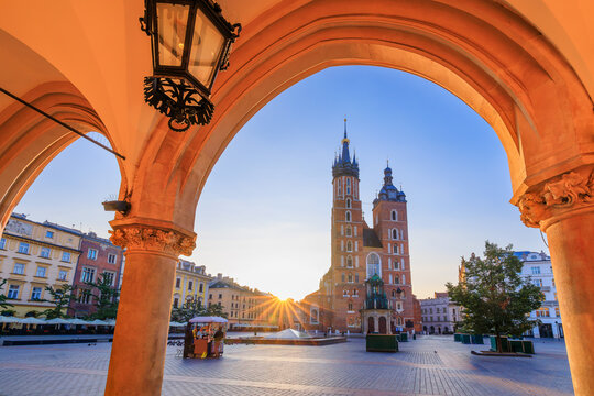 Krakow, Poland. St Mary's church on Main Market Square at sunrise.