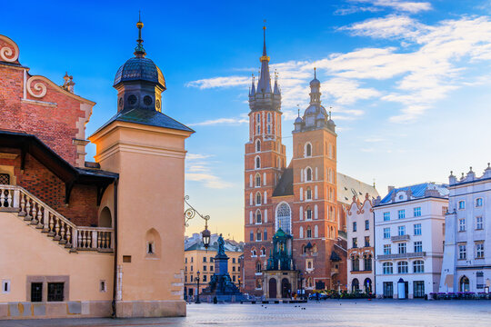 Krakow, Poland. St Mary's church and Cloth Hall on Main Market Square.