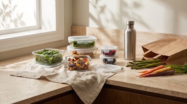 Reusable Kitchen Essentials for Sustainable Living.
Reusable kitchen essentials arranged with fresh vegetables on a natural stone counter.