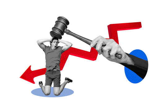 Creative collage picture young frustrated man hammer strike force decrease recession arrow direction downfall economy crisis loss