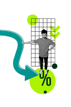 Composite trend artwork 3D sketch image photo collage of&nbsp;young man businessman bossy finger point arrow down crisis percent inflation