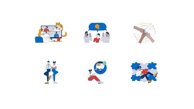 Team collaboration communication and problem solving doodle animation pack. Colleagues idea sharing. Virtual meeting together animated flat 4K video collection isolated on transparent background