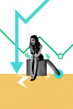 Vertical art creative trend collage of sad businesswoman pray graph dollar inflation down arrow decline crisis percentage loss