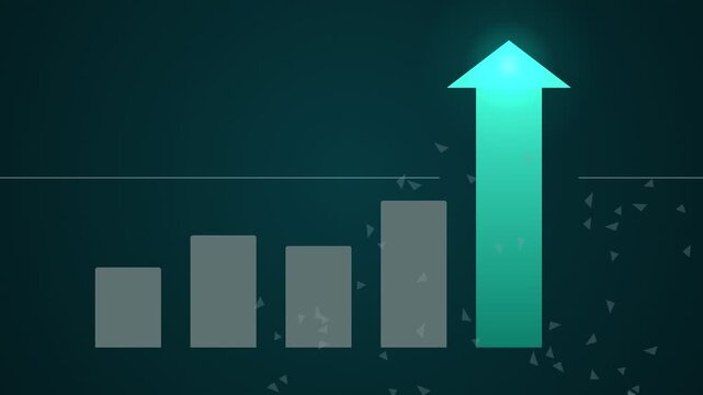 Bar chart showing rapid growth with a bright green arrow indicating upward trend and success