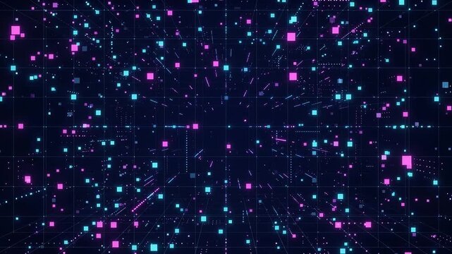 Digital matrix with glowing pink and blue cubes flying through cyberspace representing data transfer, technology, network, virtual reality, and cyber world