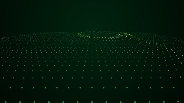 Abstract digital wave simulation with glowing green dots forming a dynamic surface in a dark environment