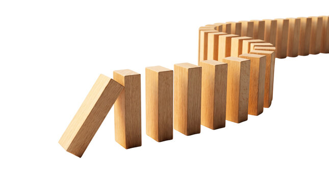 Wooden domino blocks falling in chain reaction, natural wood dominoes effect on white background, business concept of cause and effect