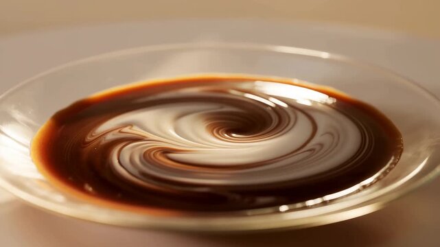 Glossy chocolate cream sauce swirls in a glass dish on a beige tabletop. Dessert advertising, bakery marketing, and food packaging.