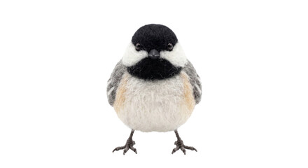Handmade felted chickadee bird figurine displayed against a solid black background © Ophelia