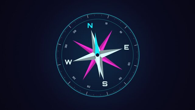 Modern digital compass with glowing neon blue and pink needle on dark background showing direction and navigation