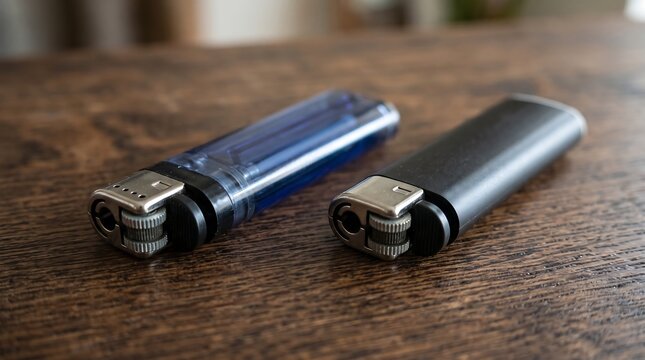 Two gas lighters displayed side by side on a dark wooden table