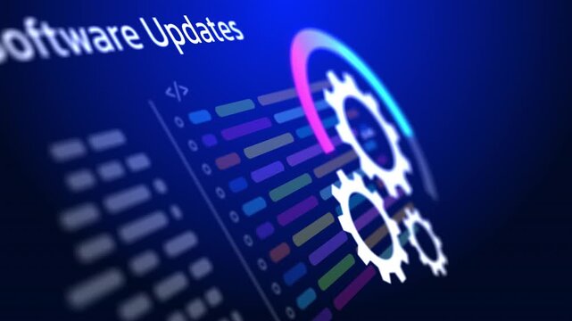 Software updates and system maintenance concept with glowing gear icons, colorful programming code and digital interface on blue background, illustrating software development and automation.