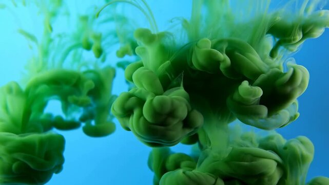 Green ink clouds curl and diffuse through a bright blue liquid field. Motion graphics, science education media, and creative title sequence.