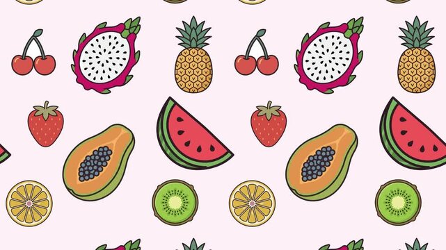 Seamless looping vertical scroll animation of fresh tropical summer fruits pattern