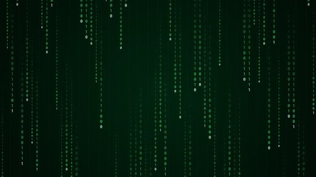 Digital rain of binary code zeros and ones cascading down a dark green background representing data flow and technology
