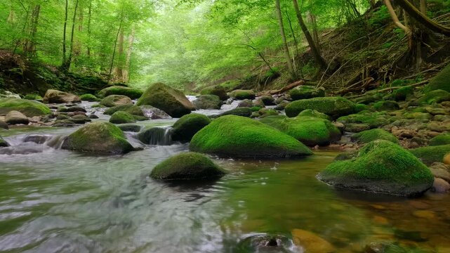 Mossy forest stream flowing over rocks and small cascades through lush woodland. Nature documentaries, environmental education, and ecotourism promotion.
