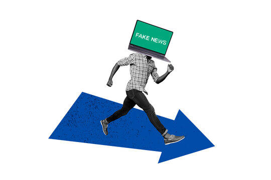 Composite creative art collage of headless man run laptop fake news propaganda spread disinformation isolated on painted background