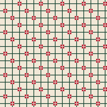 Christmas Seamless Pattern with Geometric Plaid Grid and Red Square Dots on Cream, Retro Festive Tartan Check Vector Background for Gift Wrap, Fabric Print, Wallpaper, Scrapbooking, and Packaging
